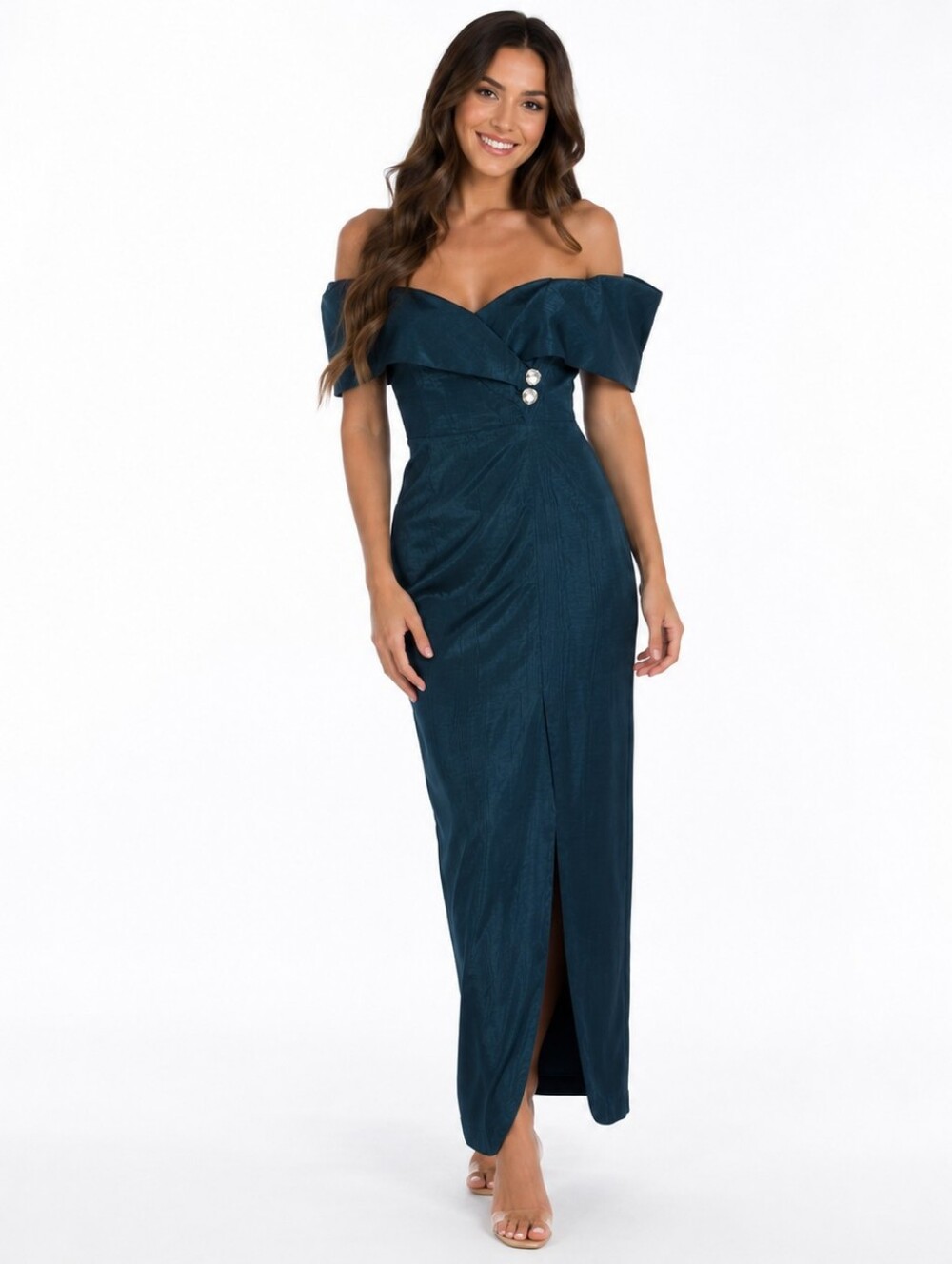 Jessica McClintock (1990s) Gunne Sax Teal Off-the-Shoulder Midi Evening Dress